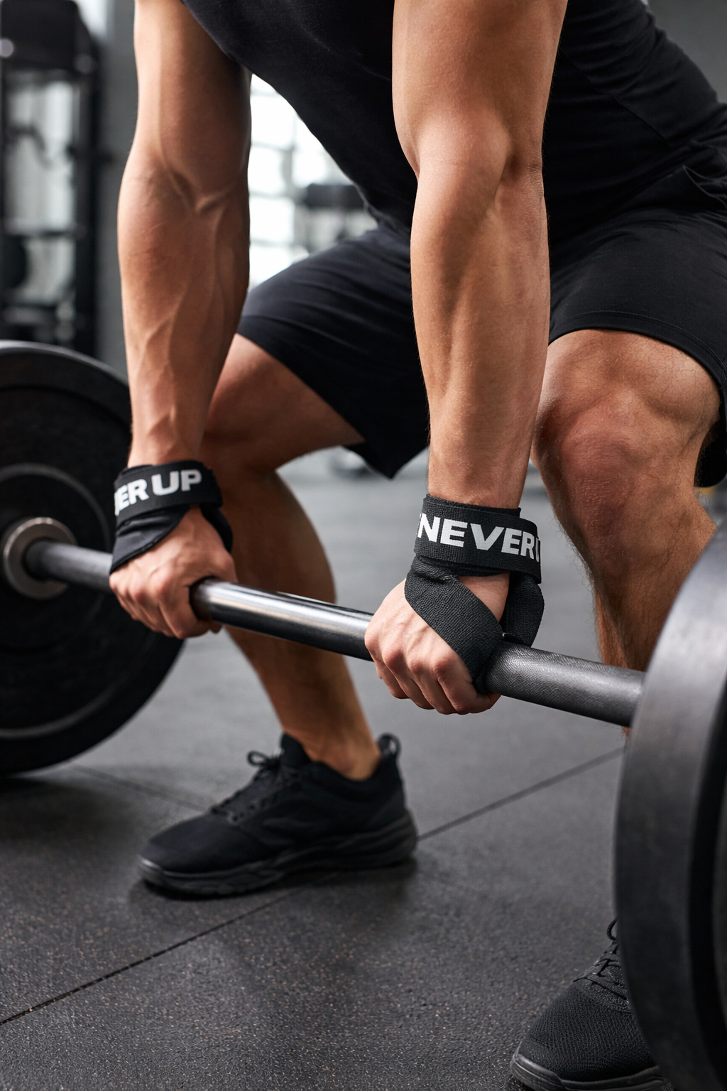 Curele Fitness pentru Ridicări Greutăți „Never Give Up” – Set 2 Bucăți, Model Non-Slip, Negre